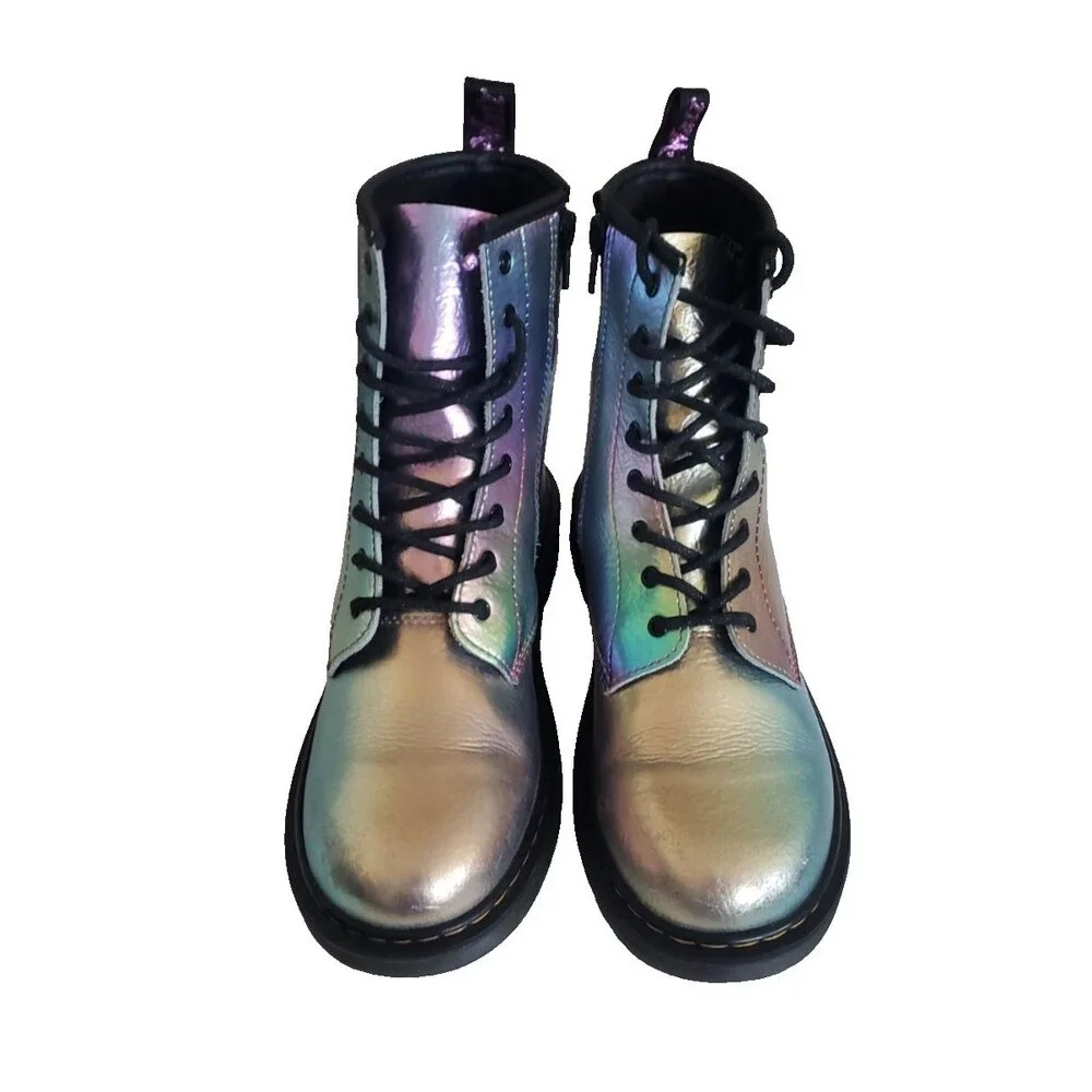 Doc Martens 1460 J Combat Ankle Boots Size 7 Laces Silver Reflective Holo Biker